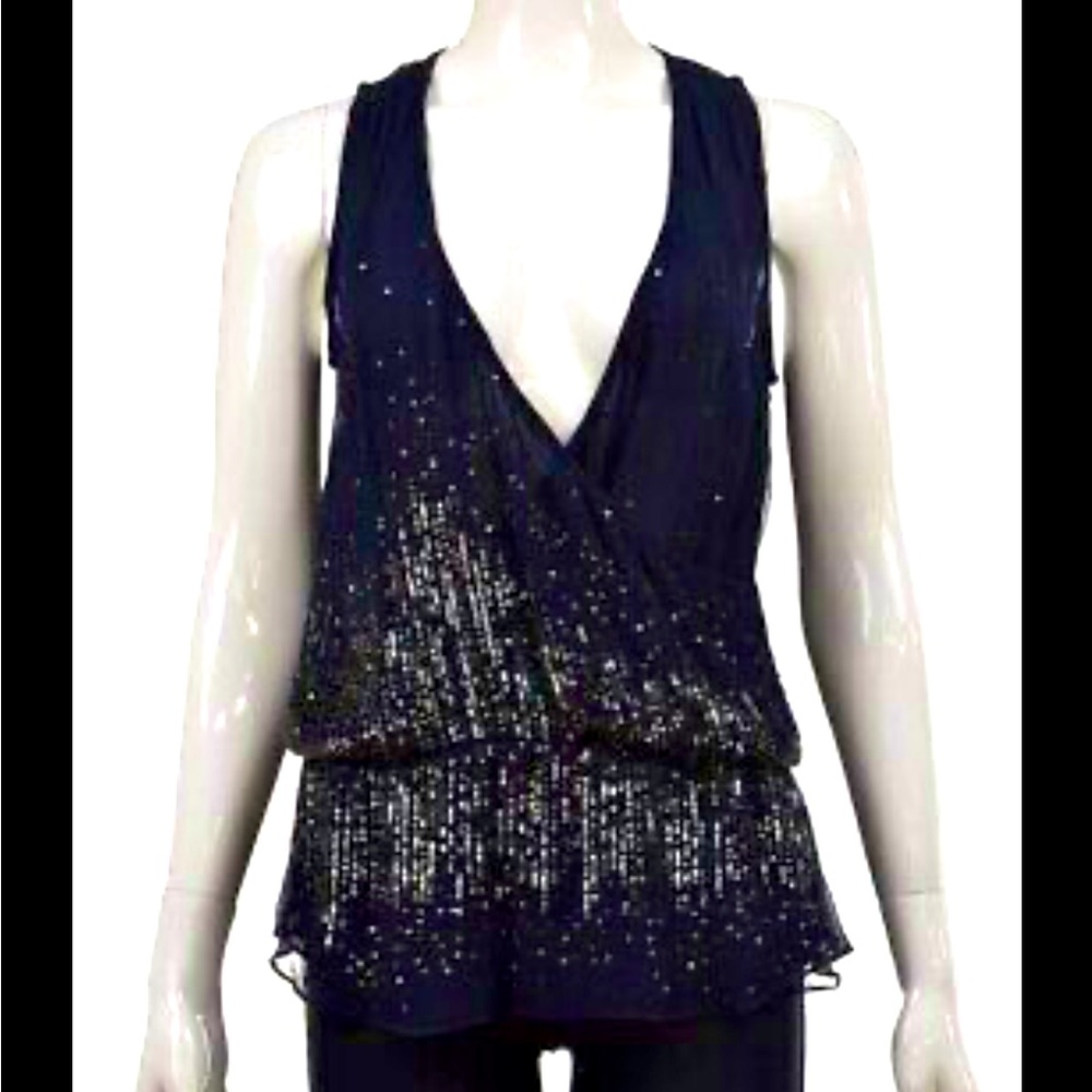 Ecru | Navy Blue Sequined Deep V Going Out Top - Picture 2 of 9
